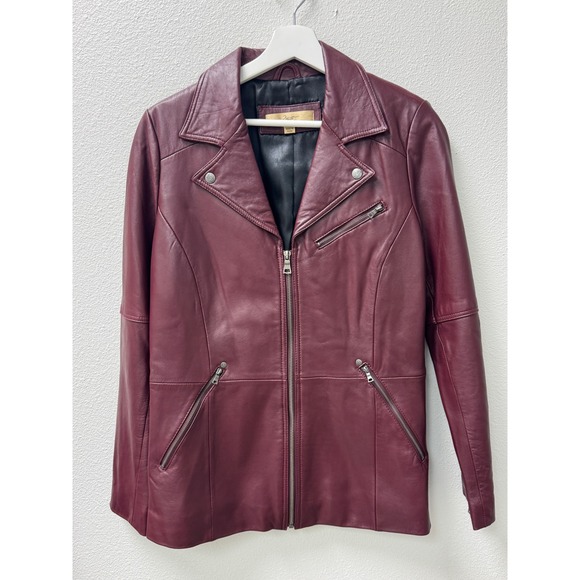 Moto Womens Vintage Biker Style Leather Jacket Merlot Red Zip Up
